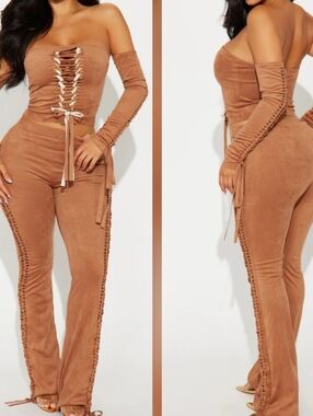 Camel Off-Shoulder Lace-Up Suede Set